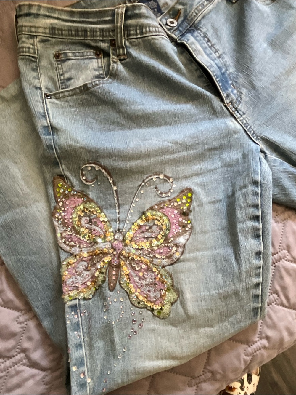 Angels Light Blue Boot Cut Jeans with Pink & Yellow Embroidered Butterfly - Picture 2 of 10